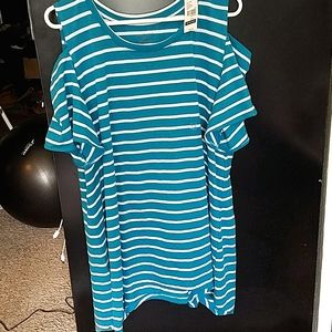 Teal Stripe Cold Shoulder Shirt